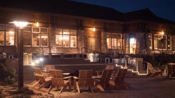 Guest services building at night
